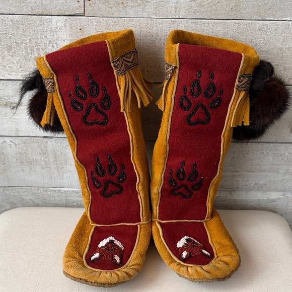 Hand Crafted Shoes - Indigenous Hand Crafted Beaded Bear Paw Fox Moccasins genuine fur pompoms